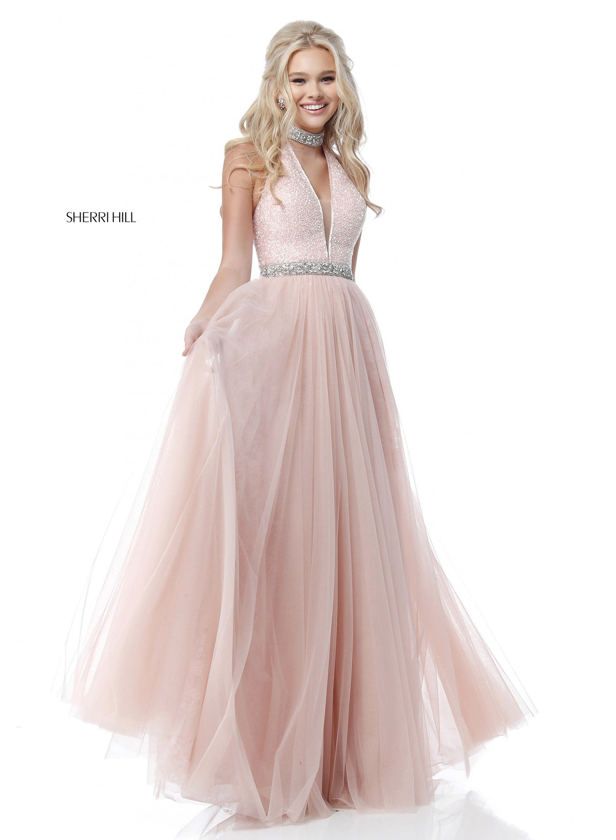 Sherri Hill 51637 deep v sequin bodice with chiffon skirt in blush