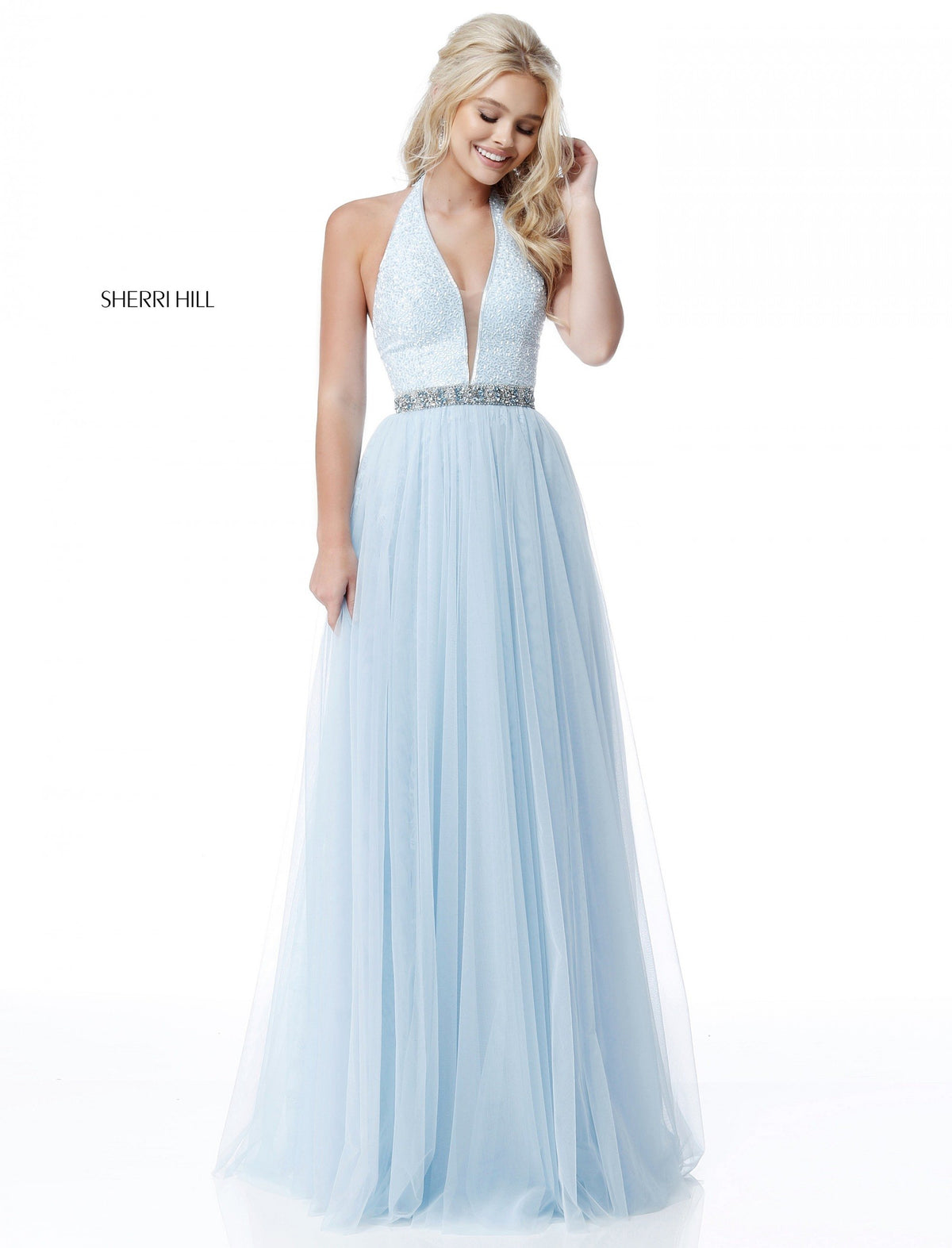 Sherri Hill 51637 deep v sequin bodice with chiffon skirt