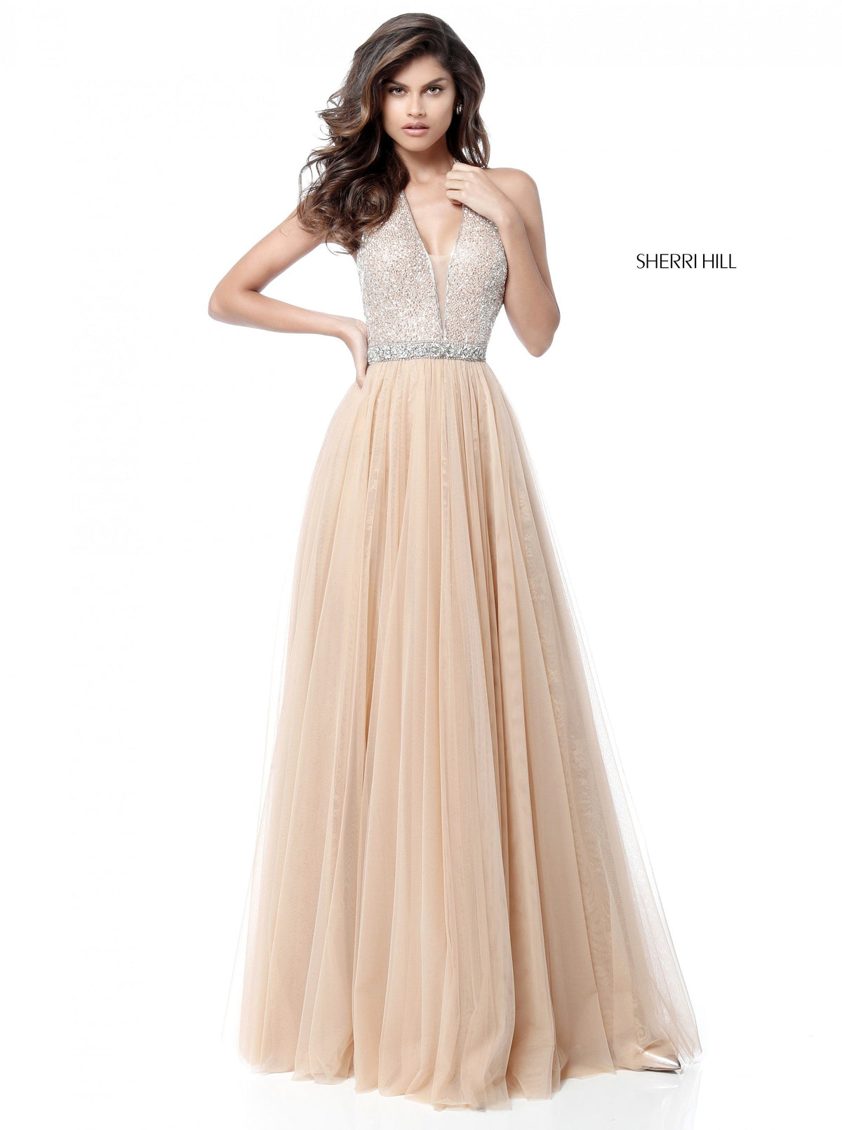 Sherri Hill 51637 deep v sequin bodice with chiffon skirt