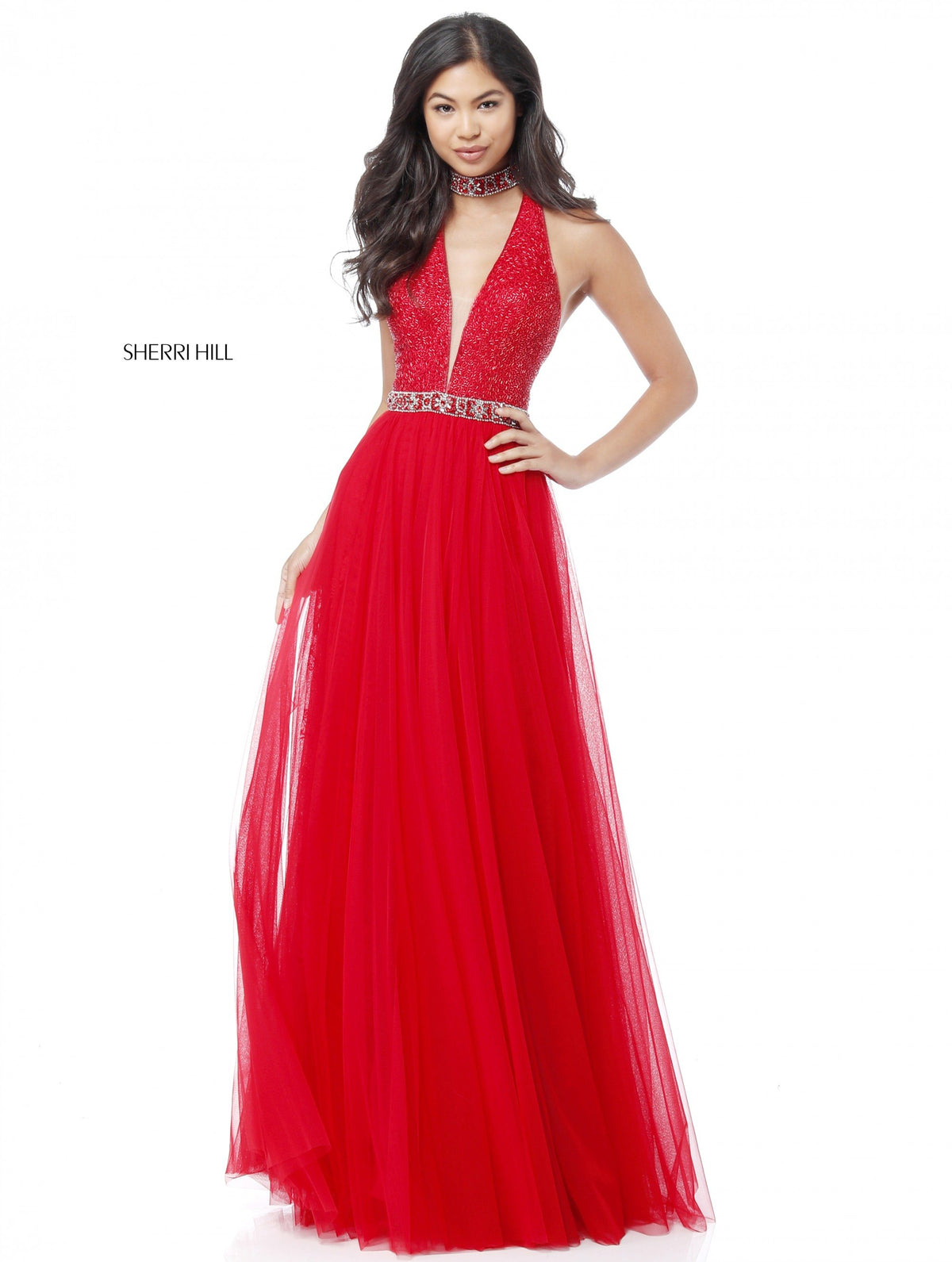 Sherri Hill 51637 deep v sequin bodice with chiffon skirt in red