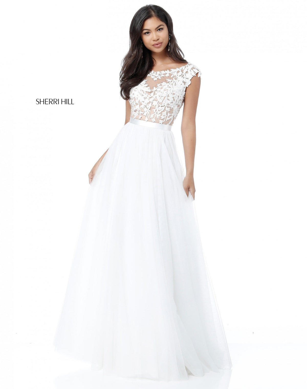 Sherri Hill 51638 lace appliqued bodice with chiffon skirt in ivory