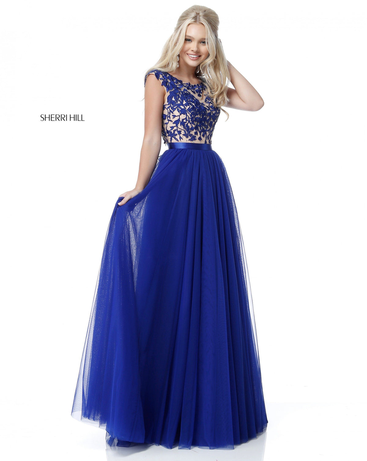 Sherri Hill 51638 lace appliqued bodice with chiffon skirt in royal