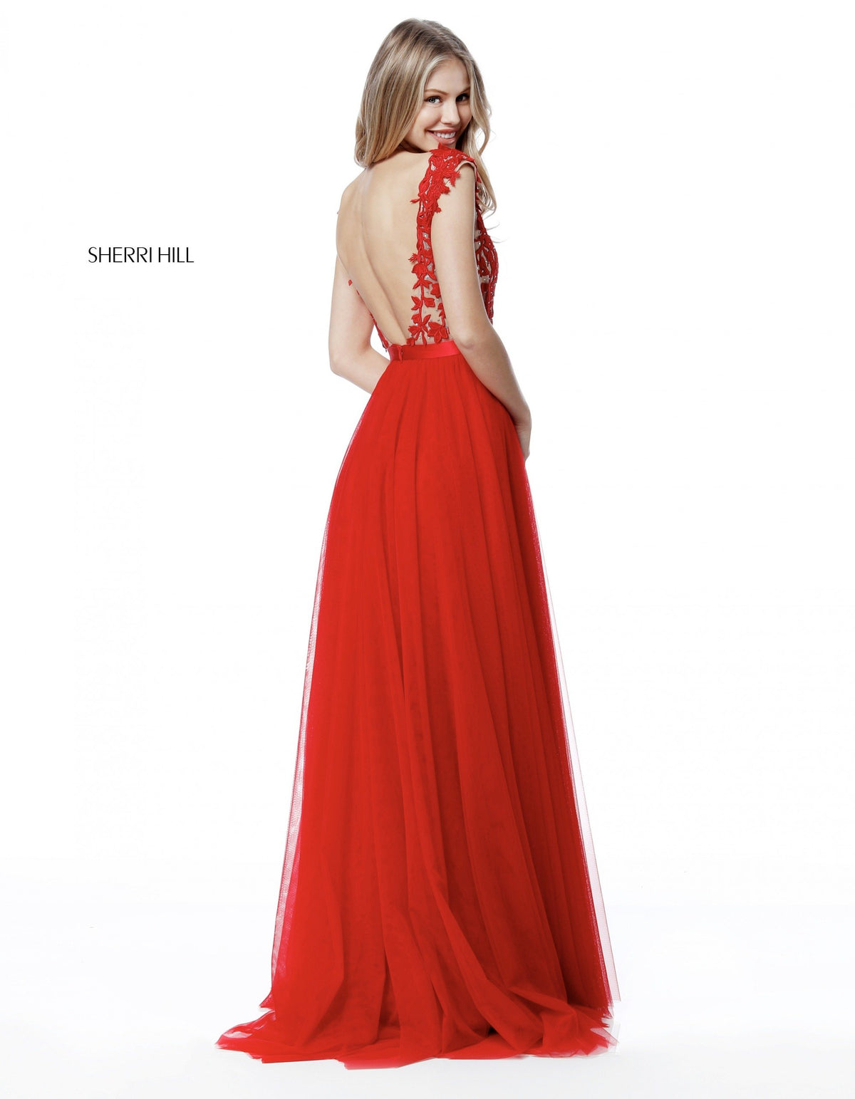 Sherri Hill 51638 lace appliqued bodice with chiffon skirt