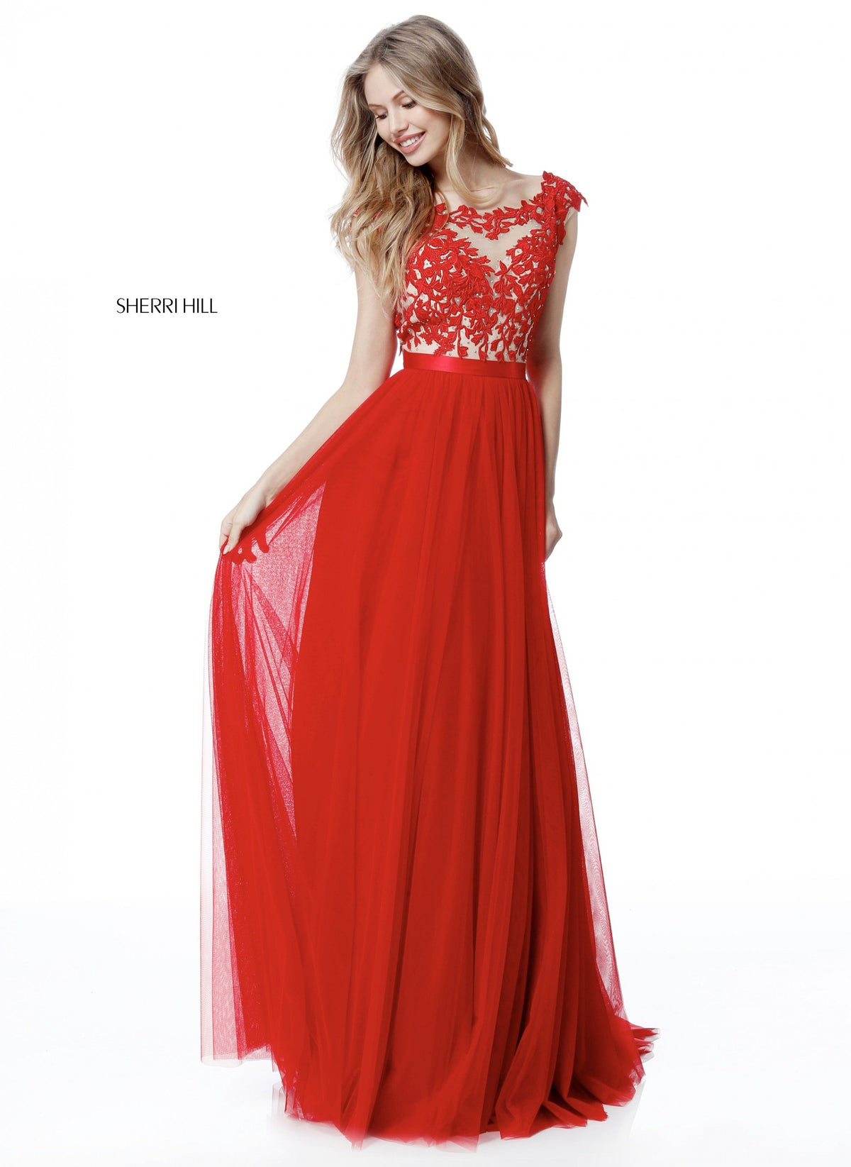 Sherri Hill 51638 lace appliqued bodice with chiffon skirt in red