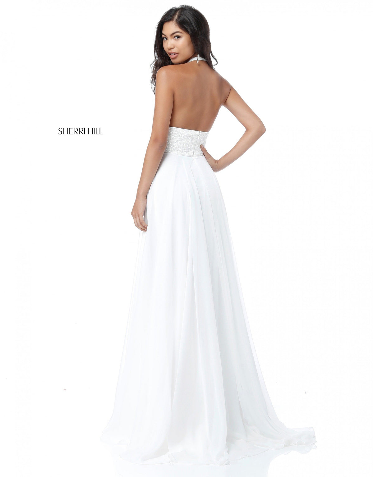 Sherri Hill 51640 V-neck halter bodice with chiffon skirt
