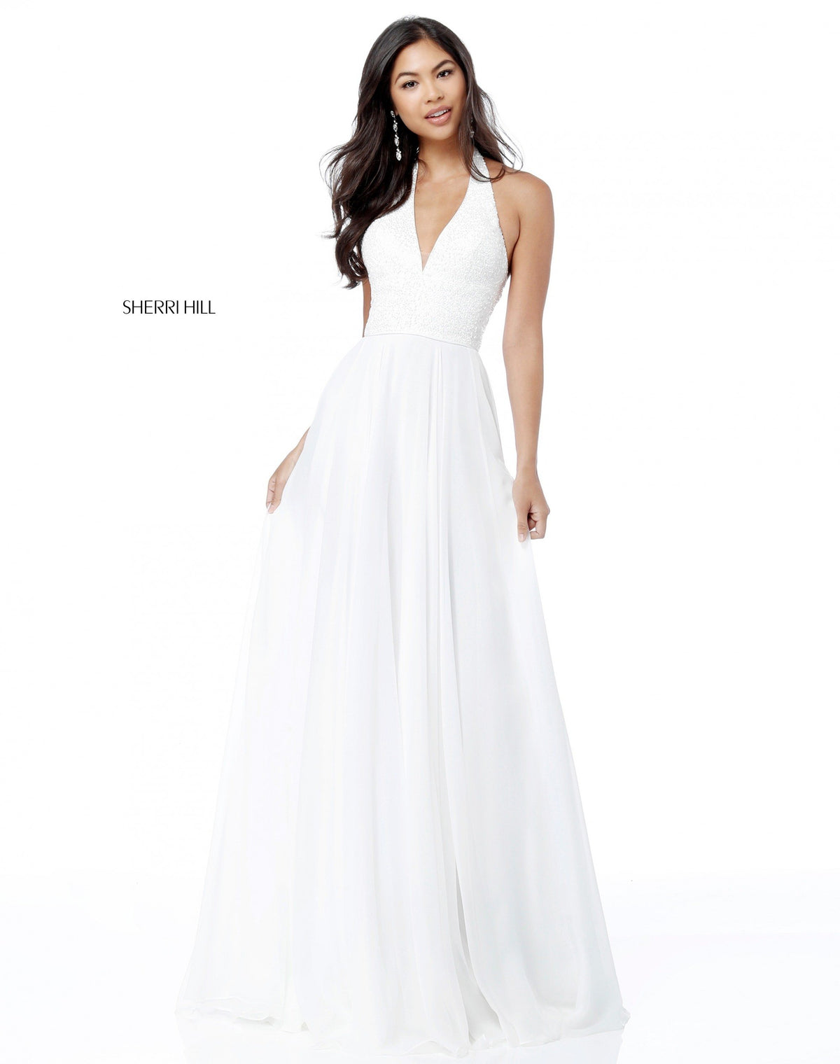 Sherri Hill 51640 V-neck halter bodice with chiffon skirt in ivory