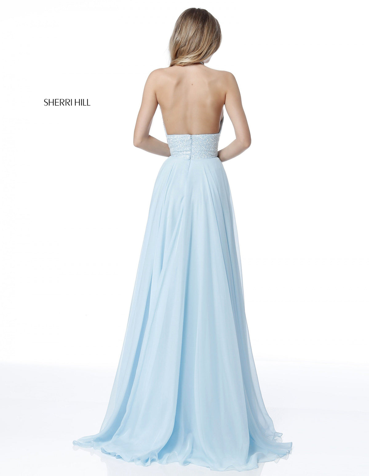Sherri Hill 51640 V-neck halter bodice with chiffon skirt