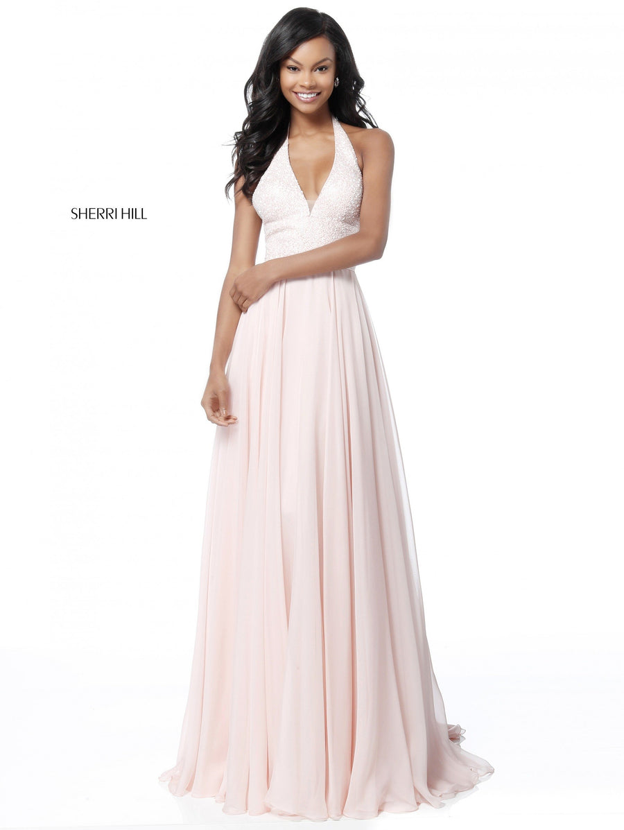 Sherri Hill style 51640 in blush, V Neck Halter Bodice with Chiffon Skirt