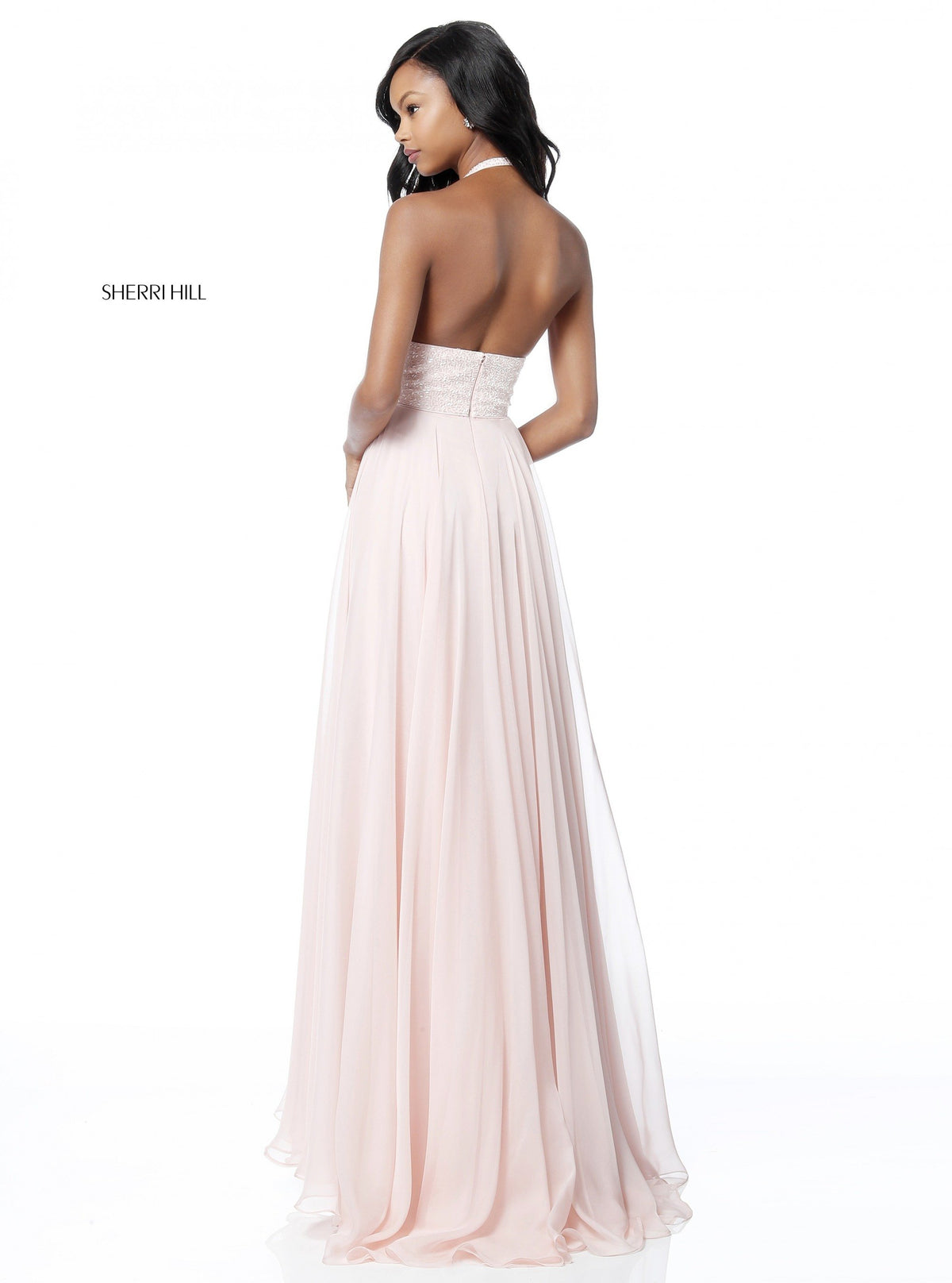 Sherri Hill 51640 V-neck halter bodice with chiffon skirt