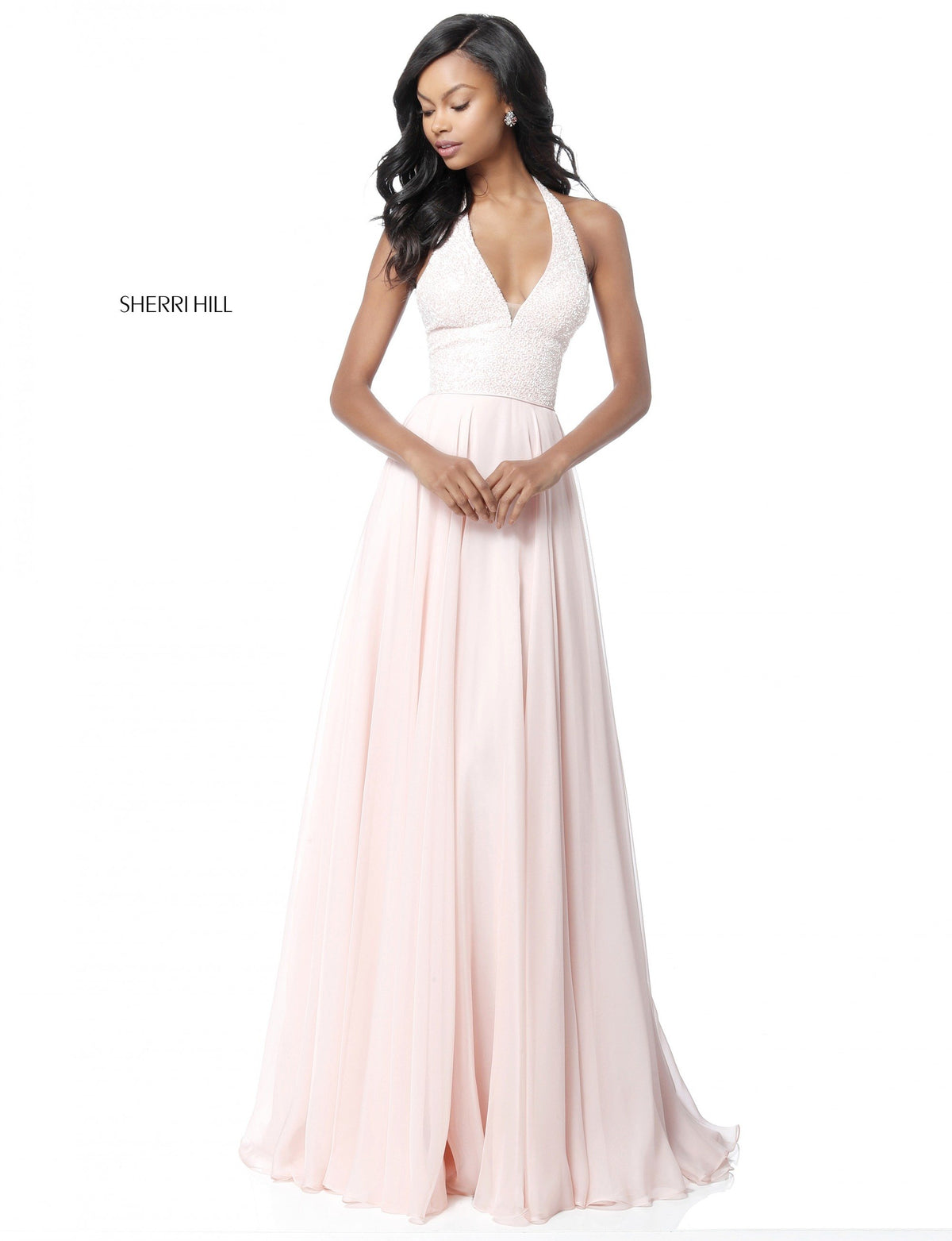 Sherri Hill 51640 V-neck halter bodice with chiffon skirt