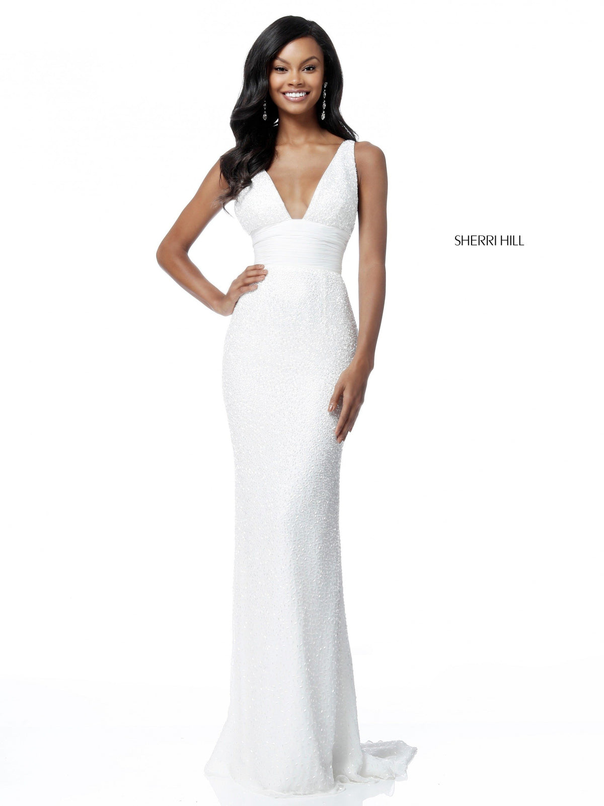 Sherri Hill 51641 fitted beaded V-neck gown in ivory