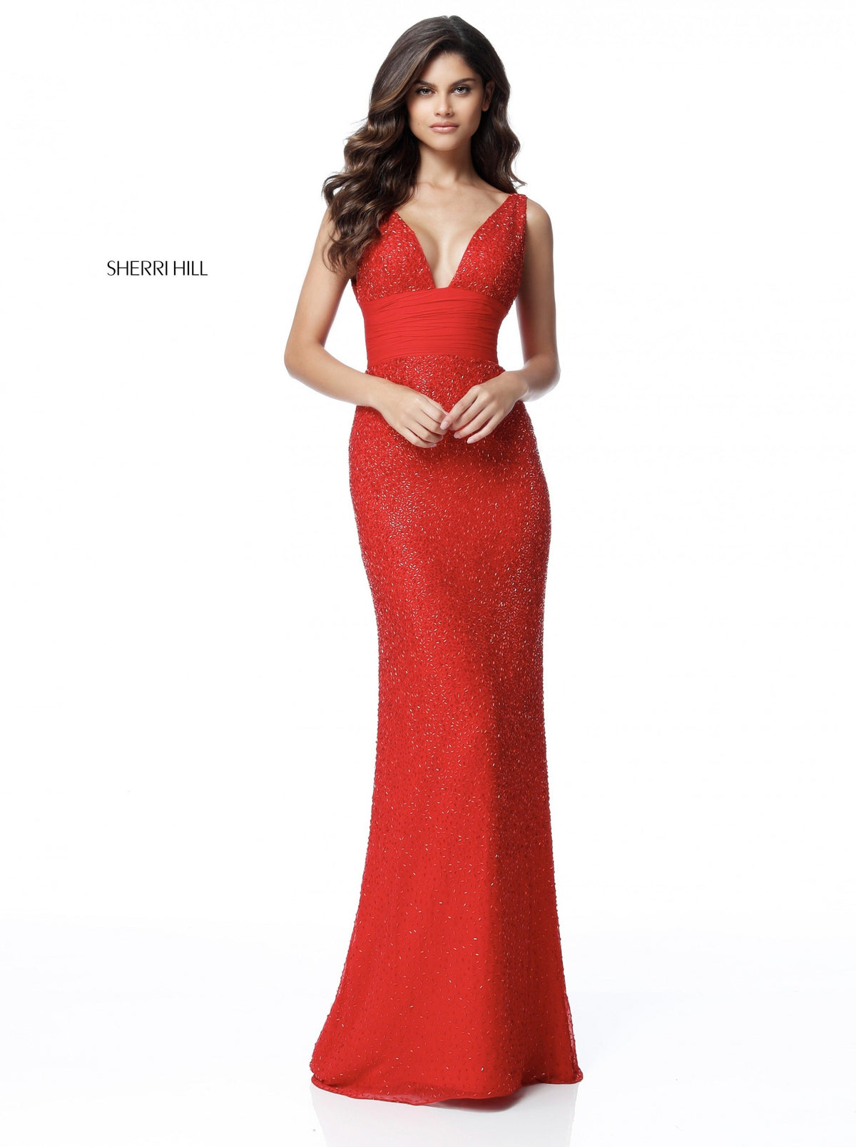 Sherri Hill 51641 fitted beaded V-neck gown in red