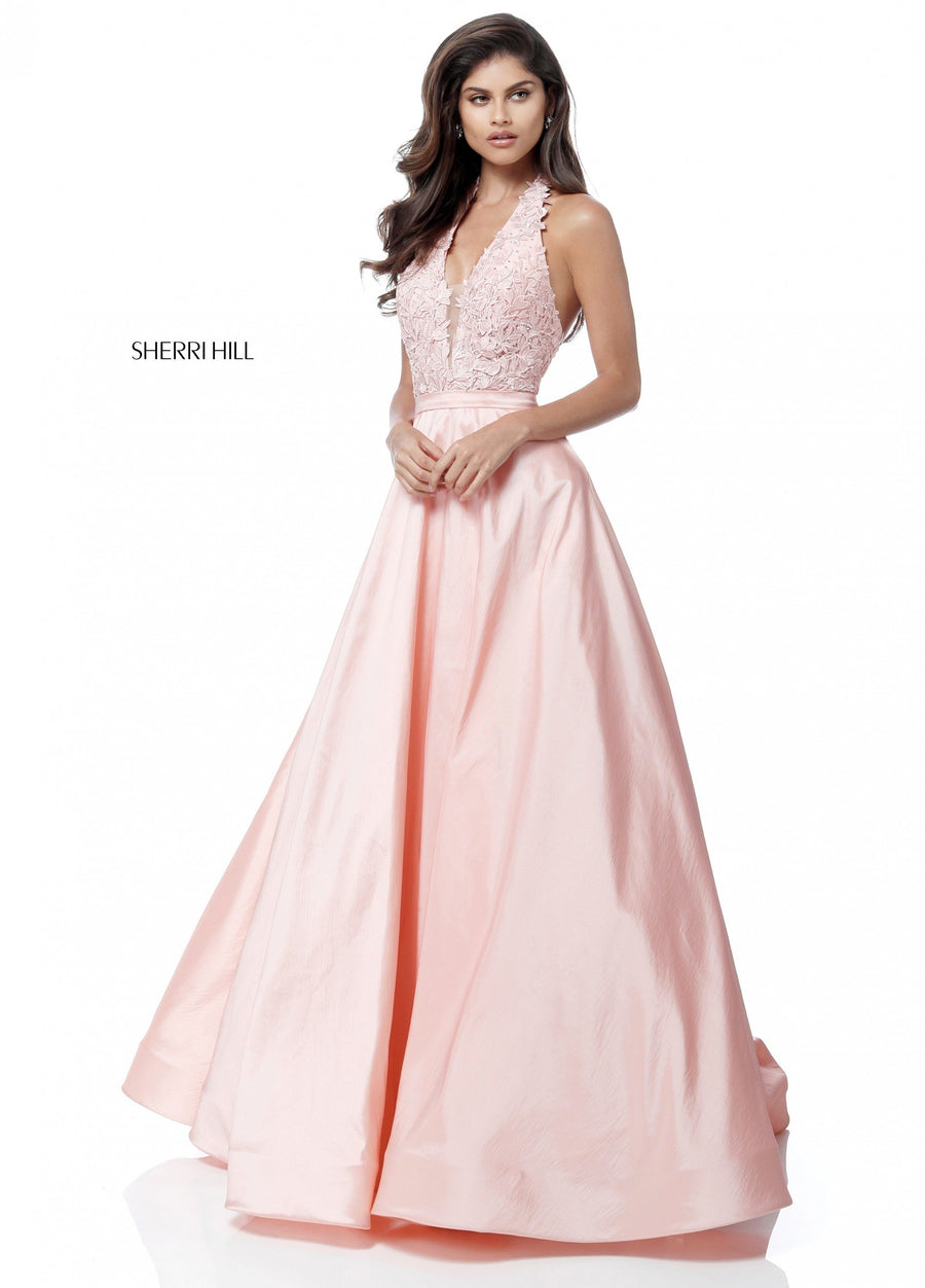 Sherri Hill style 51643 in emerald, Deep V Bodice with Taffeta Ball Gown