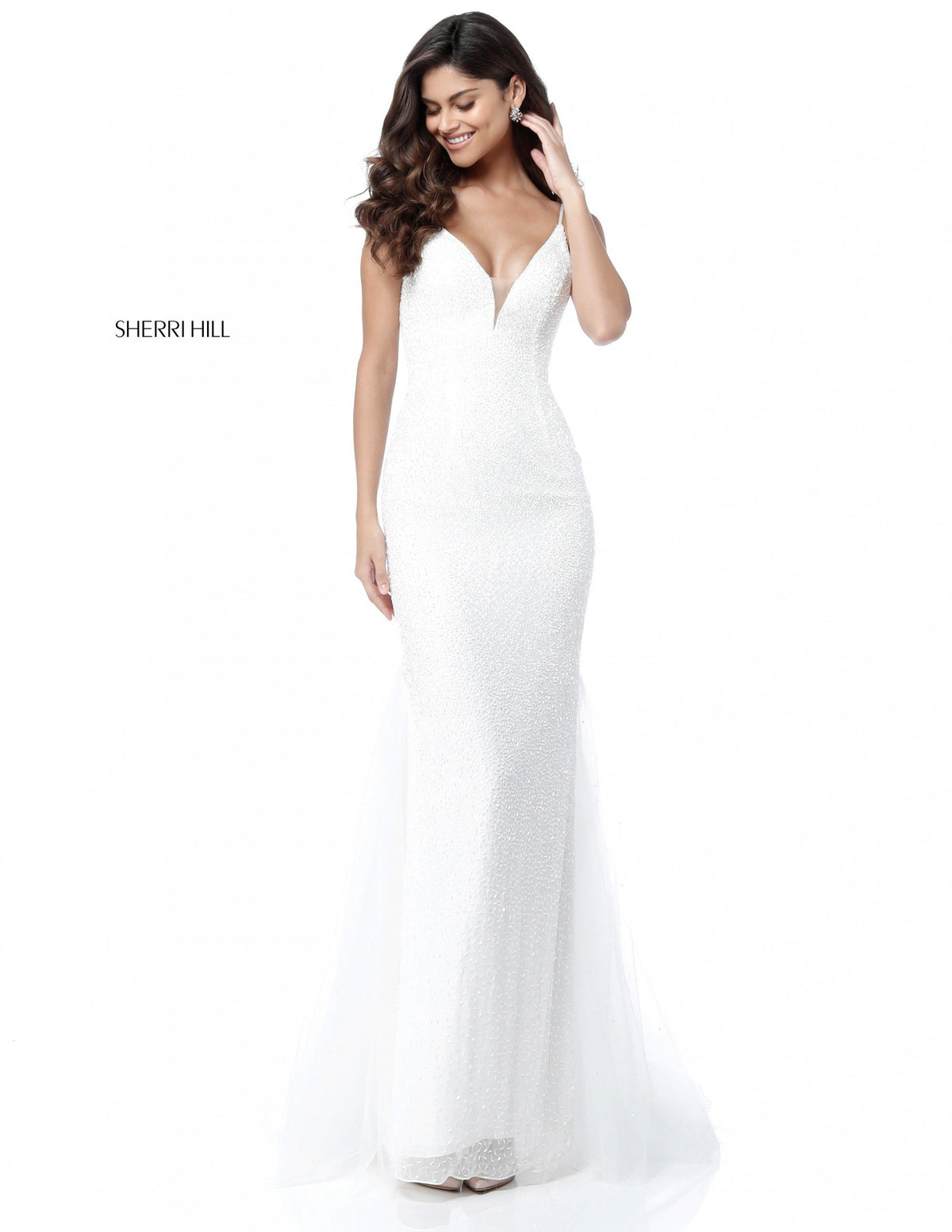 Sherri Hill 51645 fitted beaded gown with V-neck bodice