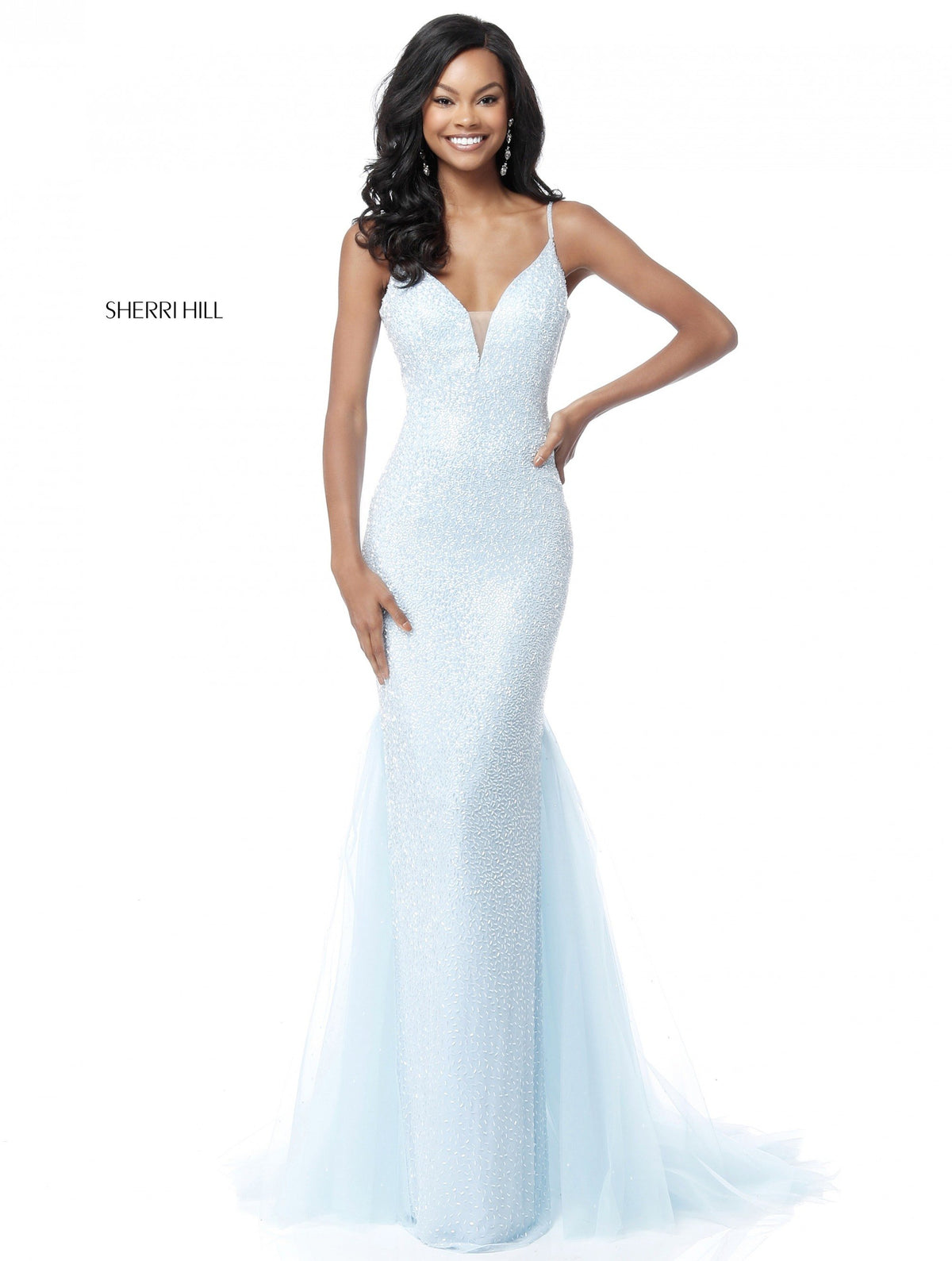 Sherri Hill 51645 fitted beaded gown with V-neck bodice in light blue