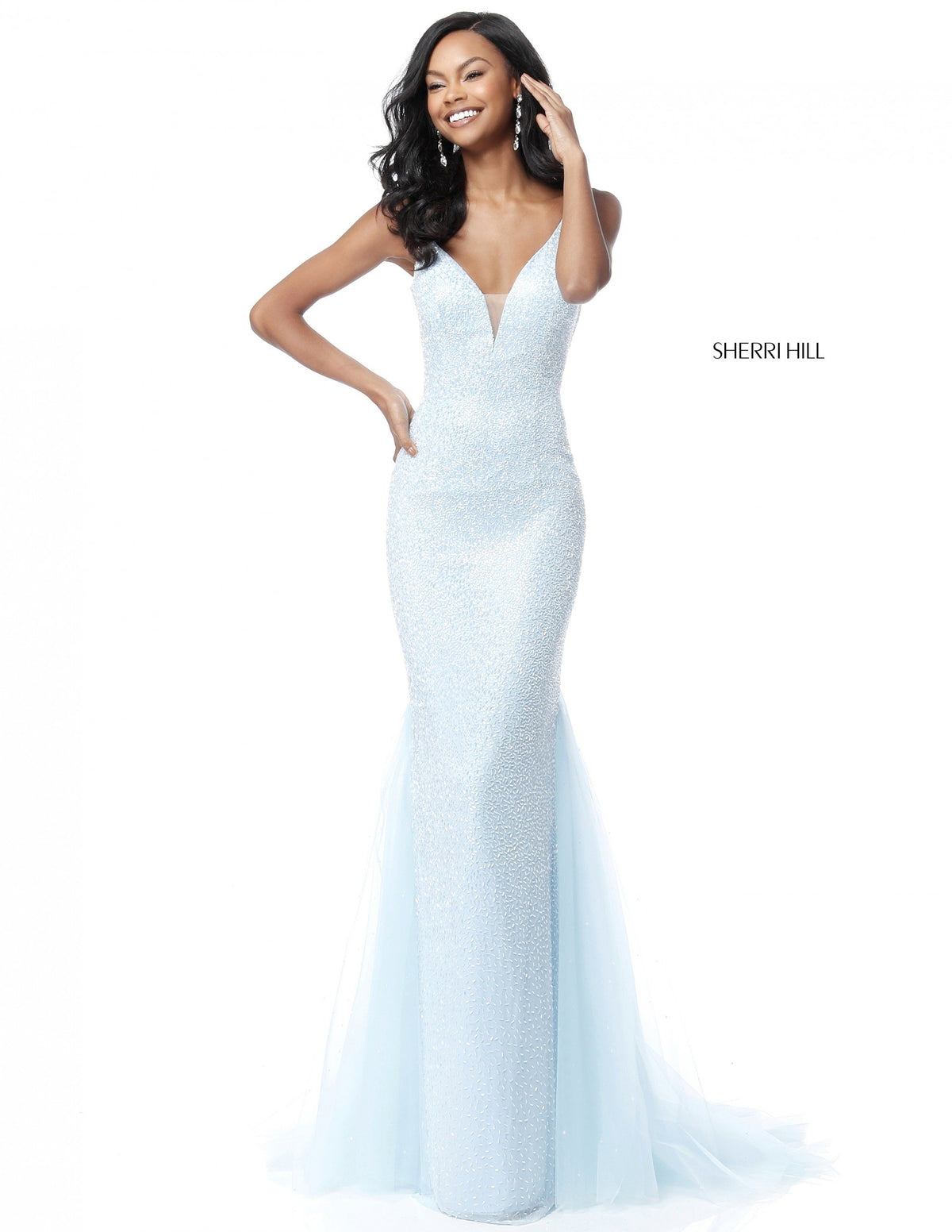 Sherri Hill 51645 fitted beaded gown with V-neck bodice
