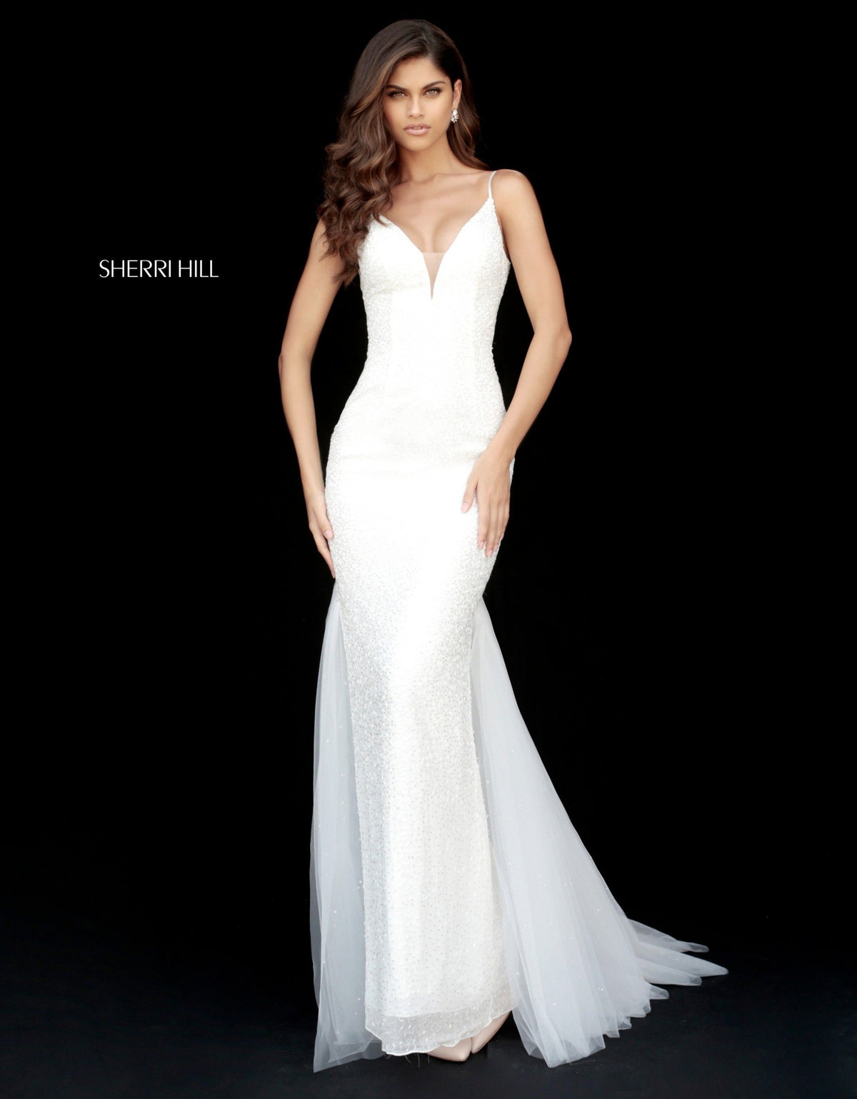 Sherri Hill 51645 fitted beaded gown with V-neck bodice