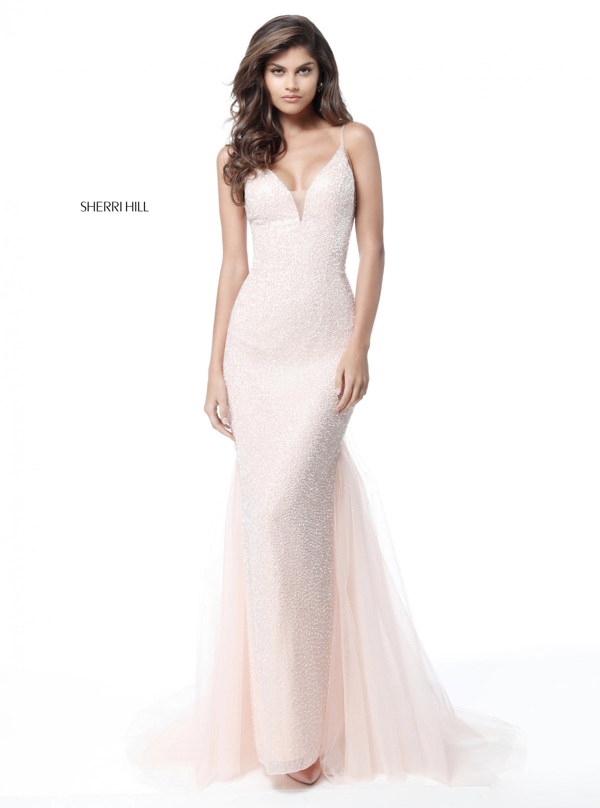 Sherri Hill 51645 fitted beaded gown with V-neck bodice