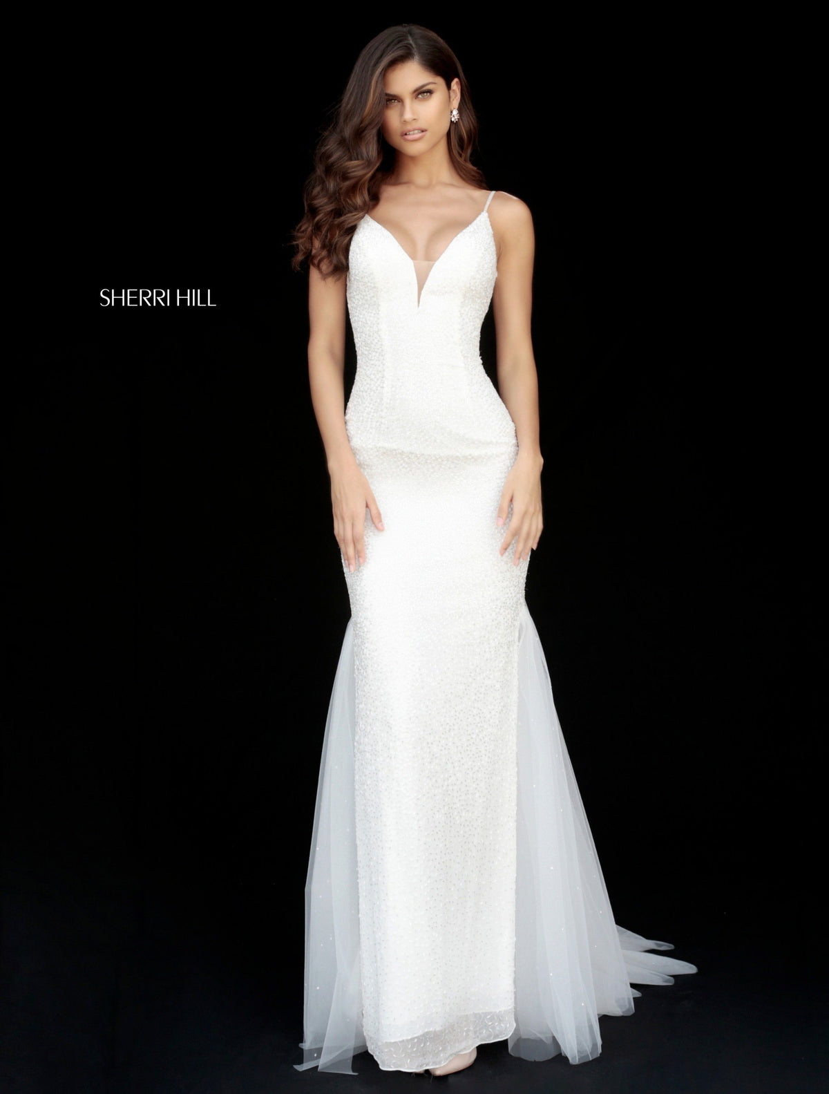 Sherri Hill 51645 fitted beaded gown with V-neck bodice in ivory