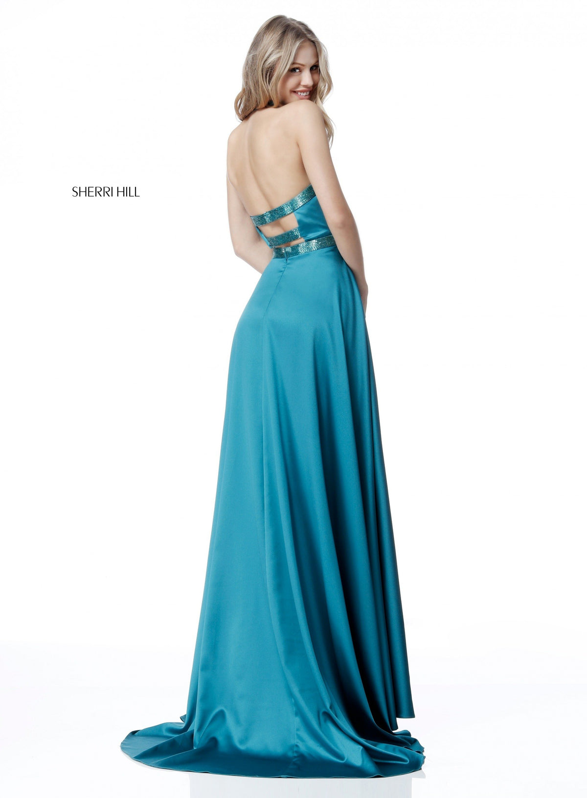 Sherri Hill 51646 charmeuse gown with beaded detail on belt