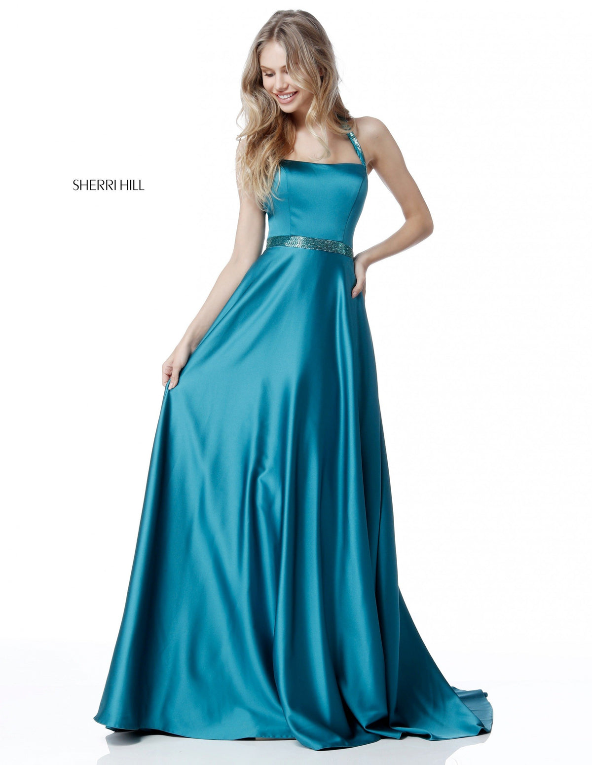 Sherri Hill 51646 charmeuse gown with beaded detail on belt in teal