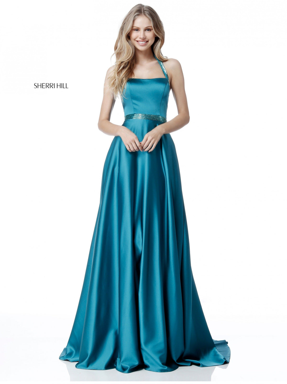 Sherri Hill 51646 charmeuse gown with beaded detail on belt