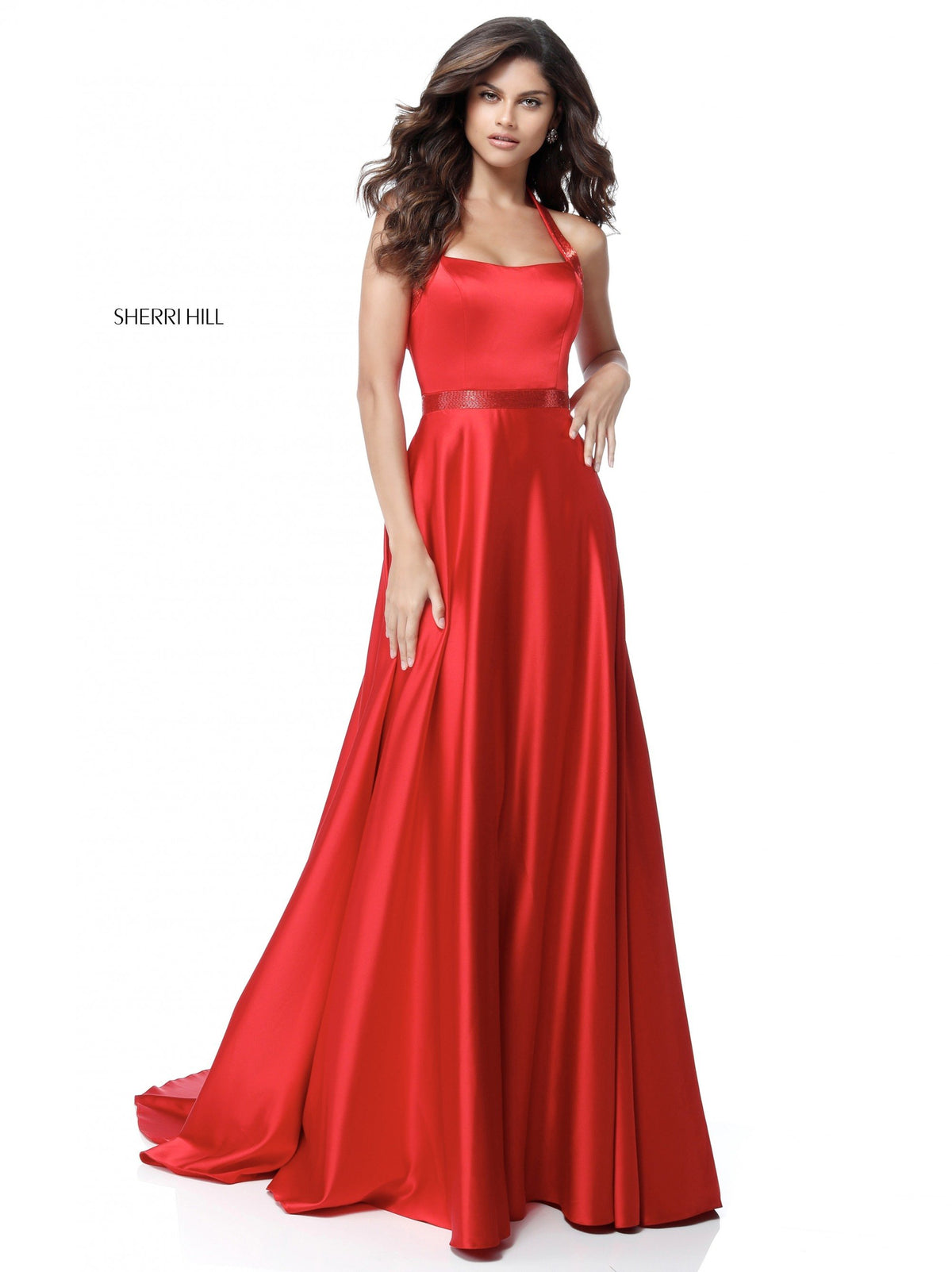 Sherri Hill 51646 charmeuse gown with beaded detail on belt in red