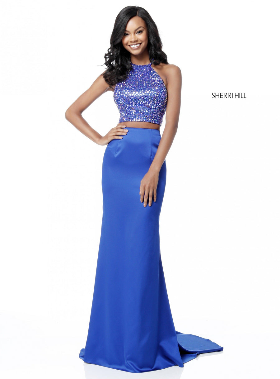 Sherri Hill style 51647 in light blue, Two Piece Fitted Satin Skirt