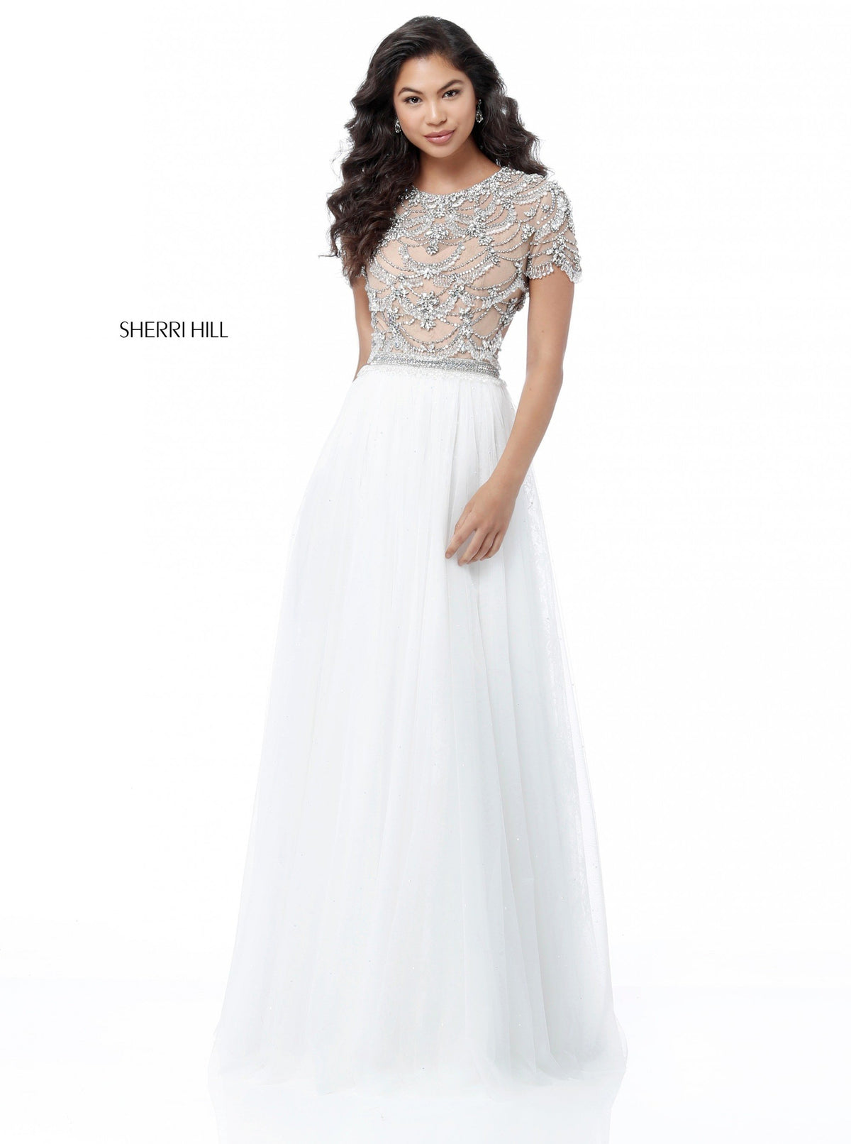 Sherri Hill 51652 beaded bodice with chiffon skirt in ivory