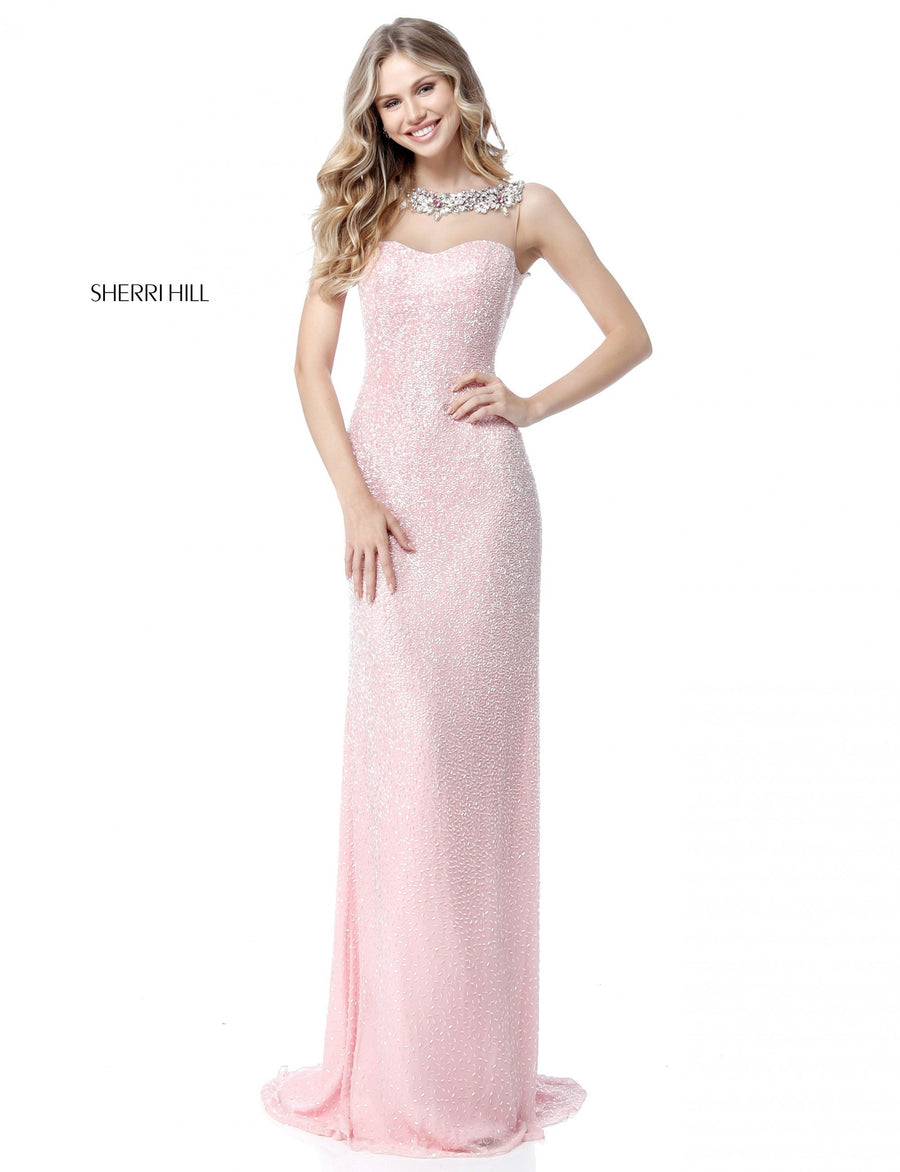 Sherri Hill style 51654 in pink, Fitted Beaded Gown with Beaded Neckline