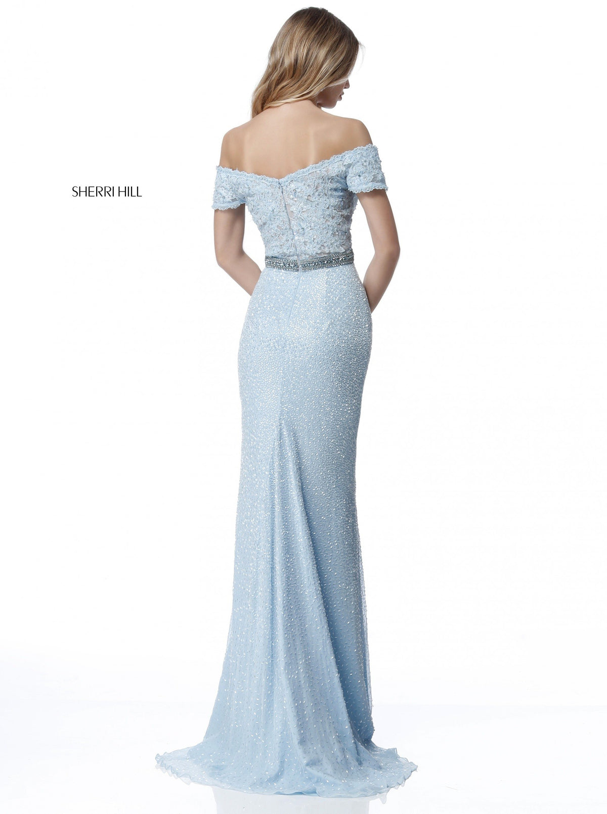 Sherri Hill 51657 appliqued bodice with fitted sequin skirt