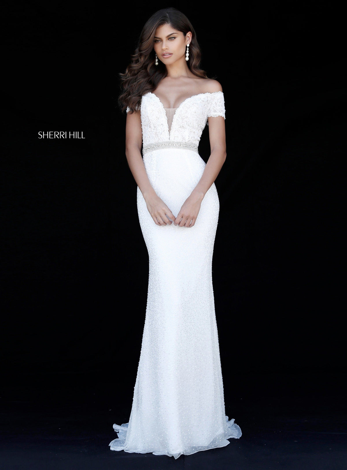 Sherri Hill 51657 appliqued bodice with fitted sequin skirt in ivory