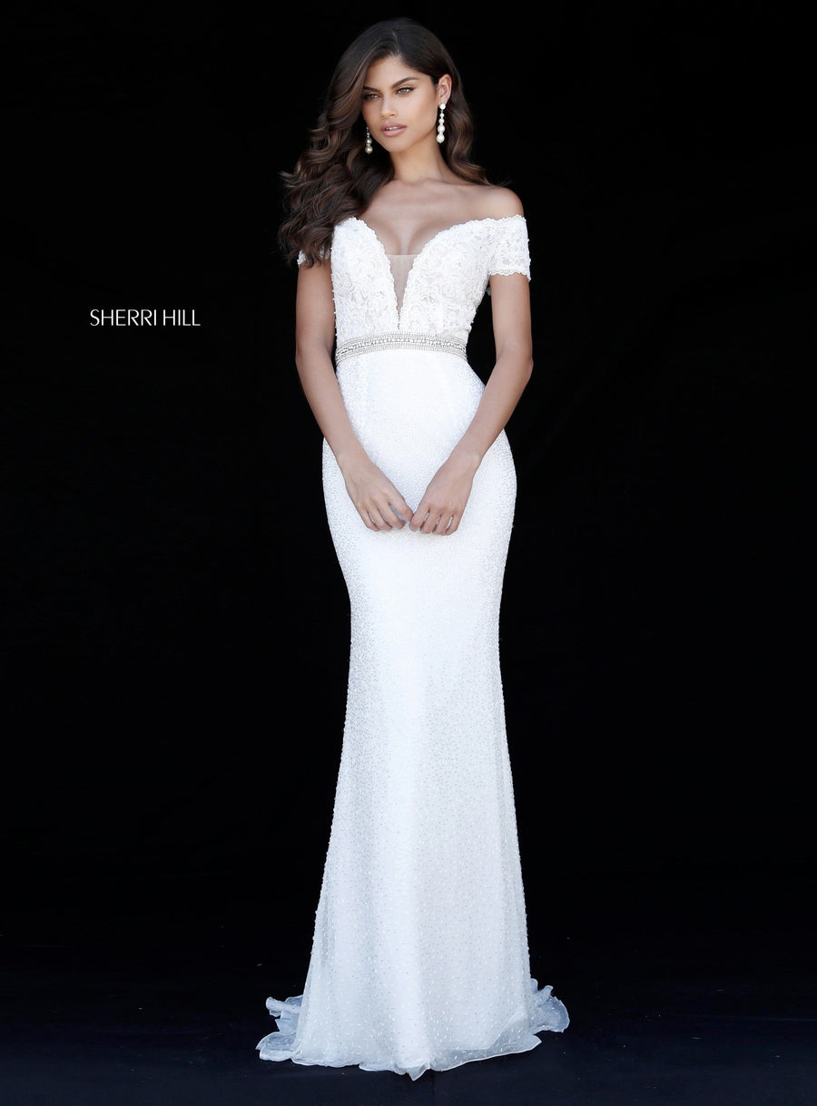 Sherri Hill style 51657 in blush, Appliqued Bodice with Fitted Sequin Skirt