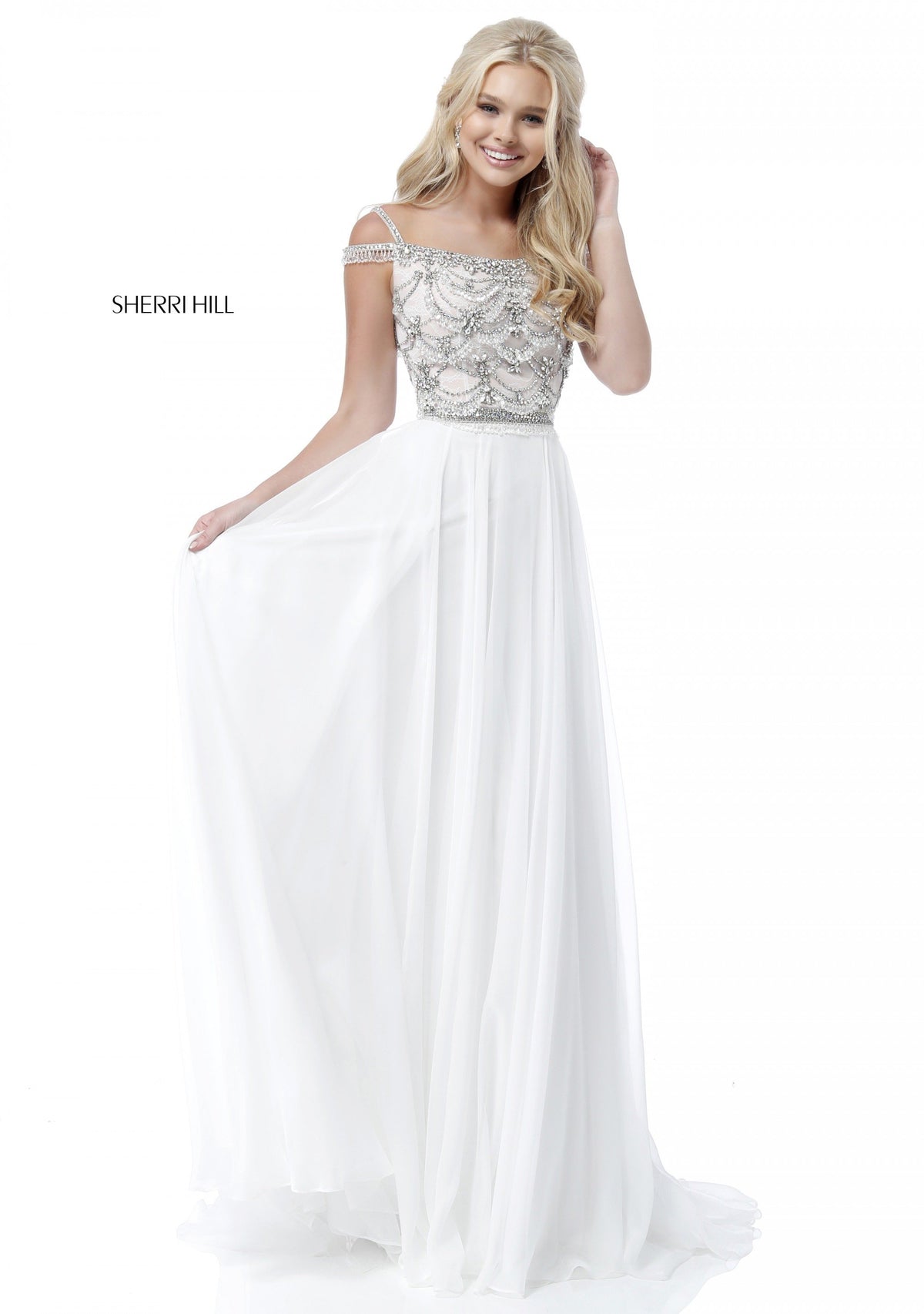 Sherri Hill 51658 beaded bodice with chiffon skirt in ivory