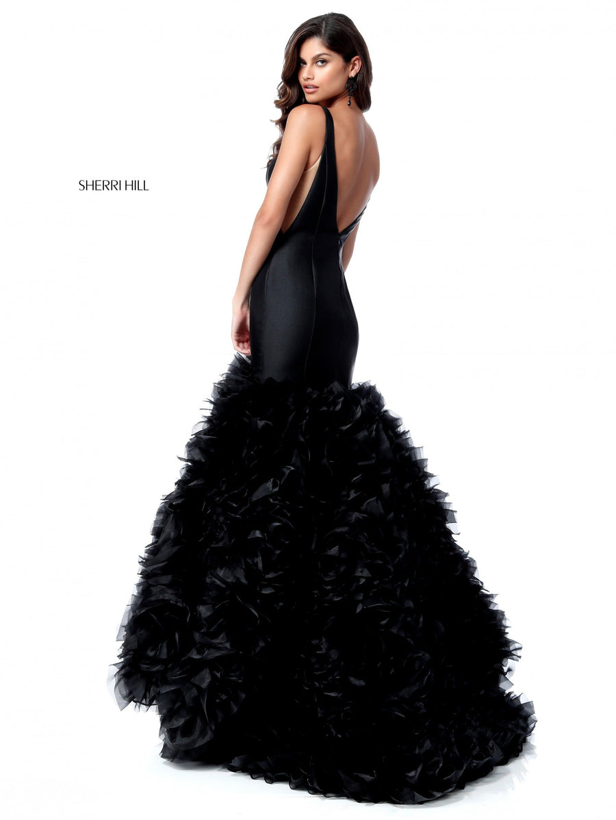 Sherri Hill style 51678 in black, Bodice with Ruffle Tulle Mermaid Skirt