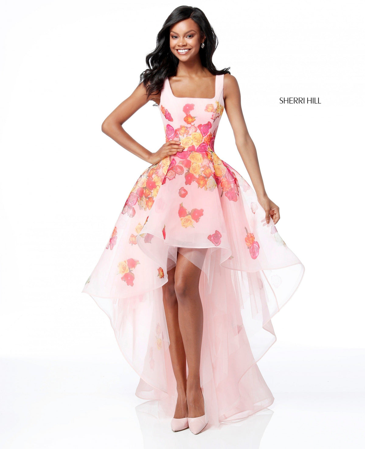 Sherri Hill 51684 floral print high-low organza gown in pink print