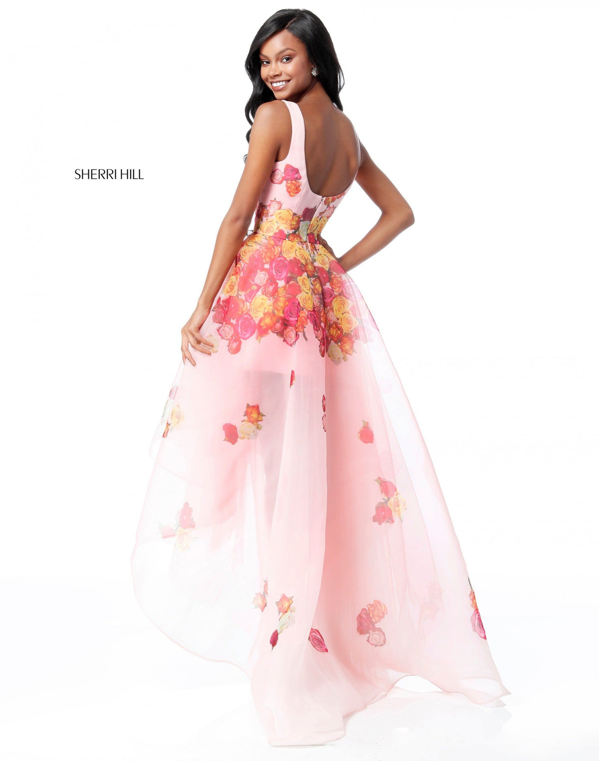 Sherri Hill 51684 floral print high-low organza gown in pink print
