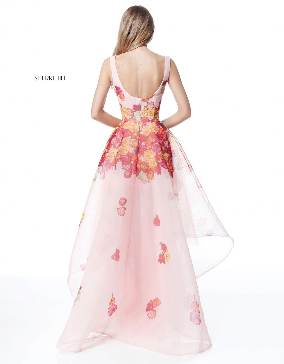 Sherri Hill 51684 floral print high-low organza gown in pink print