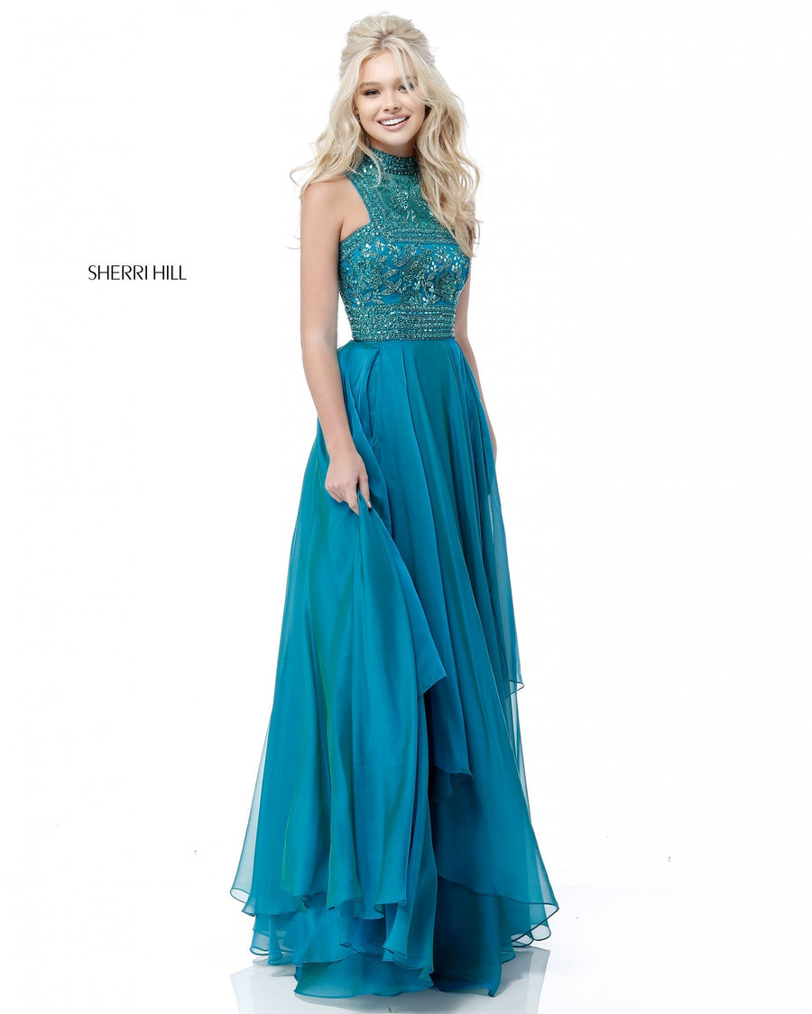 Sherri Hill style 51722 in jade, Beaded High Neck Bodice with Chiffon Skirt