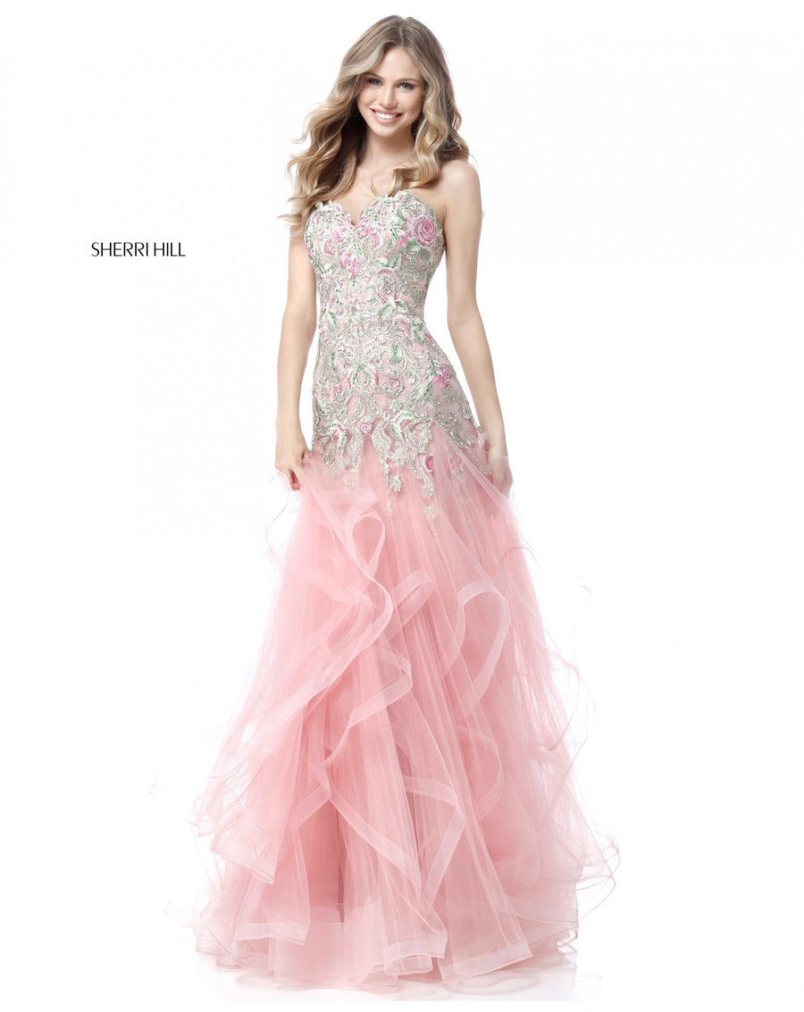 Sherri Hill style 51719 in pink/multi, Sweetheart Bodice with Ruffle Tulle Skirt