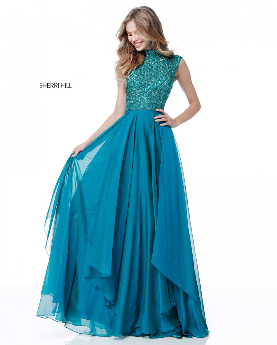Sherri Hill style 51687 in jade, Beaded High Neck Bodice with Chiffon Skirt
