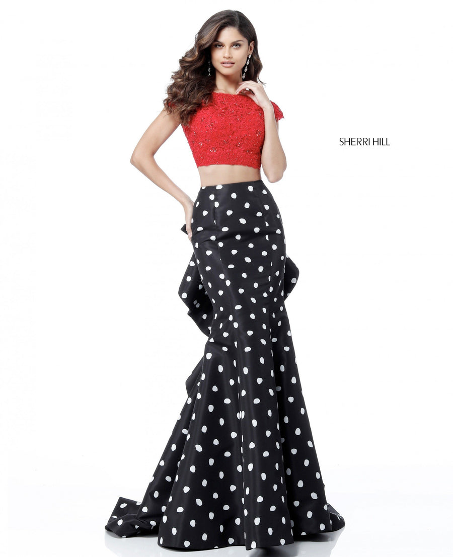 Sherri Hill style 51717 in black/ivory, Two Piece Polka Dot Taffeta Mermaid Skirt