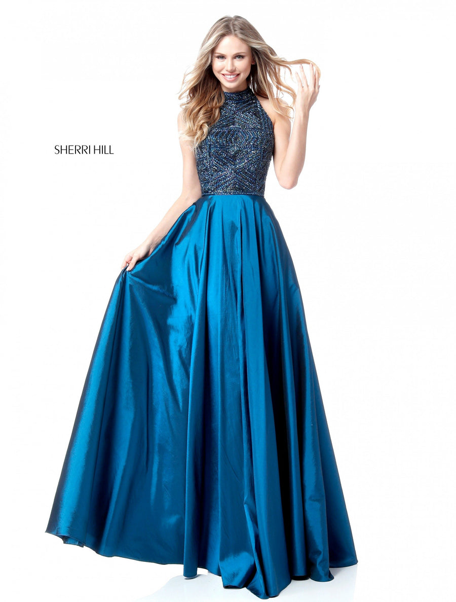 Sherri Hill style 51690 in ruby, Beaded High Neck Bodice with Taffeta Skirt