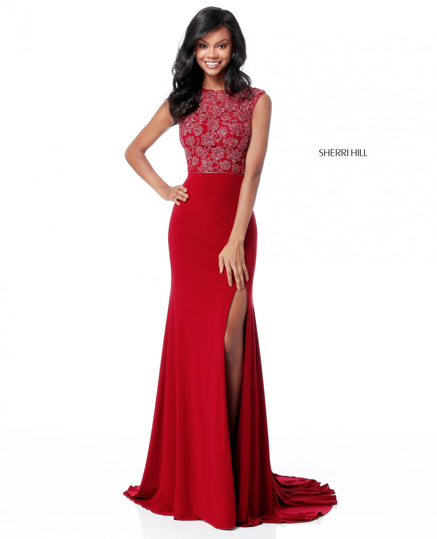 Sherri Hill style 51692 in burgundy, Fitted Jersey Gown with Beaded Bodice