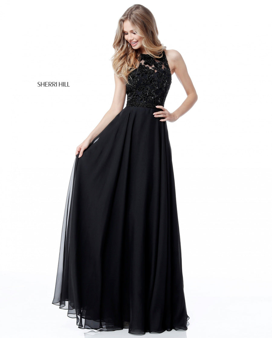 Sherri Hill style 51694 in black, Lace Bodice with Chiffon Skirt