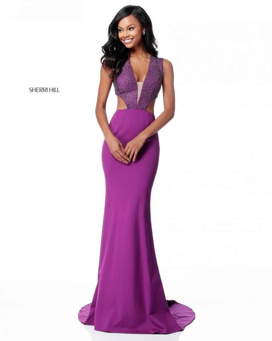 Sherri Hill style 51698 in plum, Cut Out Bodice with Fitted Jersey Skirt