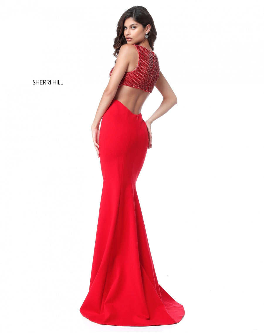 Sherri Hill style 51699 in red, V Beaded Bodice with Jersey Mermaid Skirt