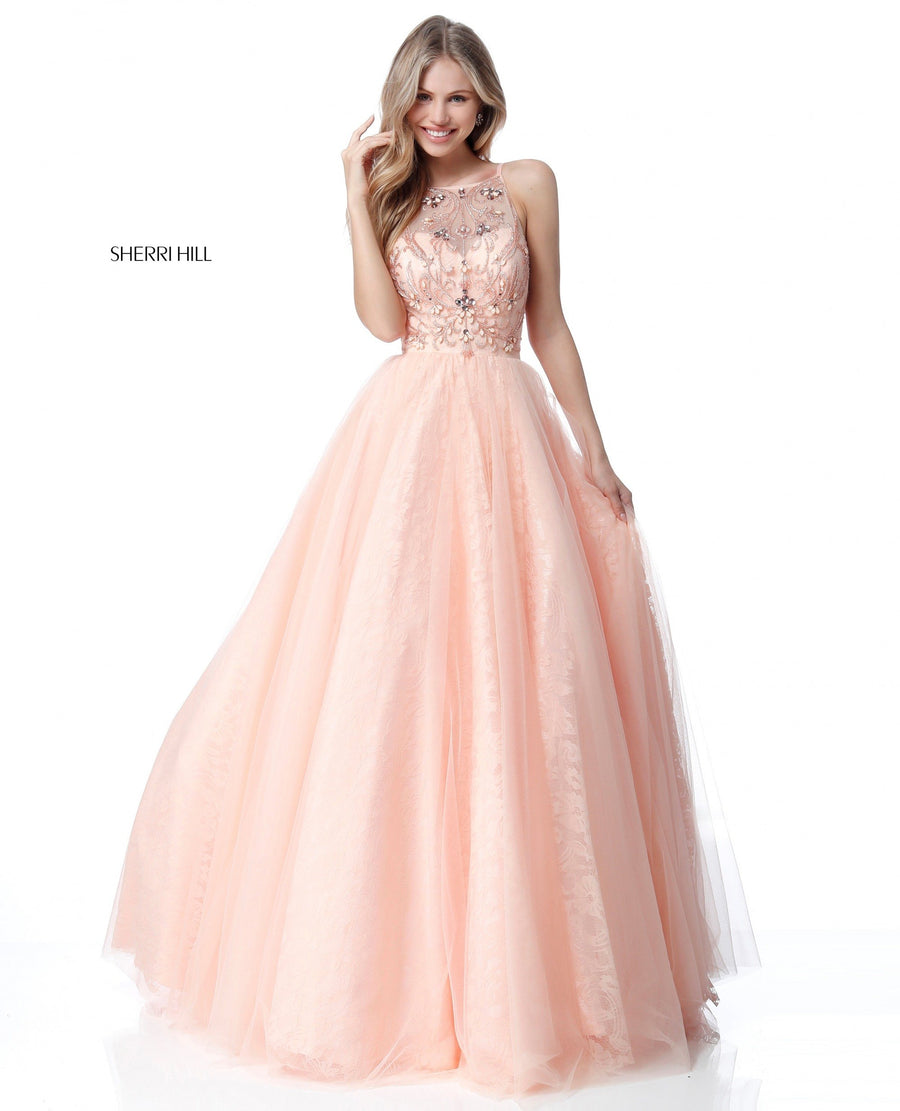Sherri Hill style 51702 in peach, Beaded Bodice with Tulle Ball Gown Skirt