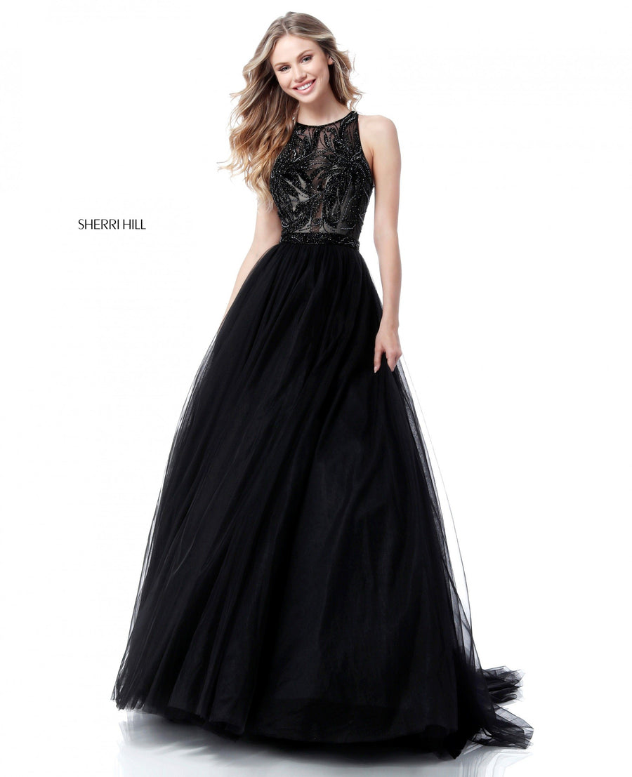 Sherri Hill style 51704 in black, Applique Bodice with A-Line Tulle Skirt