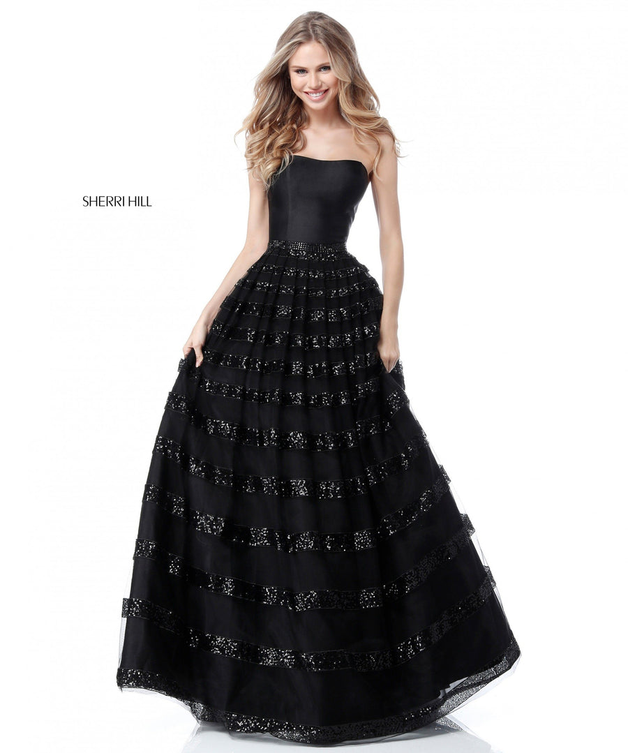 Sherri Hill style 51705 in black, Bodice with Sequin Striped Tulle Ball Gown